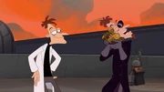 Doofenshmirtz-1 entrega seu trem de brinquedo a sua contraparte.