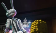Jax, a humanoid rabbit-like character, depicted with an uncomfortable facial expression, looking at a corn cob, taking place in the setting of a bar