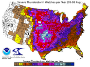 Annual severe thunderstorm watch frequency in the United States