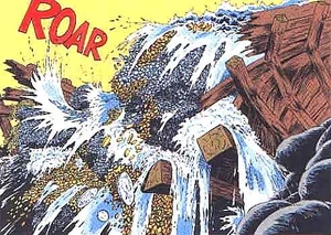 La fortune de Picsou « s'échappant » du lac qui la gardait, dans 