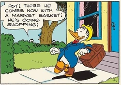 Gontran sortant faire ses courses, son panier à la main, sous les yeux discrets de ses cousins.