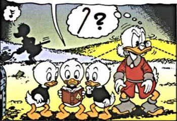 Donald à l'œuvre tandis que Picsou cherche sa canne.