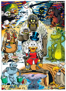 Illustration de Don Rosa à l'occasion des soixante ans de Picsou, sur le thème des monstres. L'histoire est représentée en tout en haut à droite.