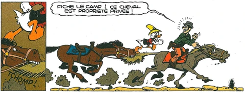 Balthazar Picsou affronte Bob Dalton, qui ne lui offre pas de résistance, en chevauchant .