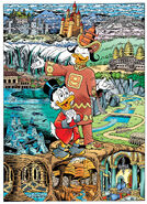 Illustration de Don Rosa pour les soixante ans de Picsou, ayant pour thème les contrées lointaines et oubliées. On retrouve la cité perdue de l'Atlantide à gauche de l'image centrale.