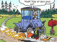 Grand-mère Donald et sa voiture dessinées par Don Rosa dans Donald, chat sœur deux trop fée.