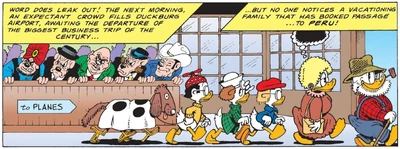 Picsou et ses neveux déguisés, pour échapper (de gauche à droite) au , à , au , à  et à .