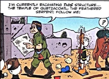 Un cheval regardant Donald ayant marché sur un râteau.