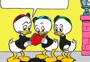 Riri, Fifi et Loulou Duck lisant le manuel des Castors Juniors