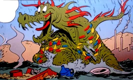 Le Dragon Déchétivore sautant dans une mare de déchets.