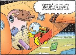 Donald étant éjecté en dehors de l'avion.