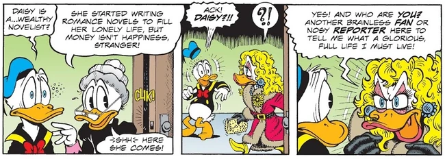 Donald découvrant éberlué Daisy, devenue une riche romancière oisive.