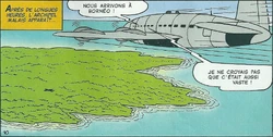 Picsou et ses neveux dans l'avion arrivant à Bornéo.