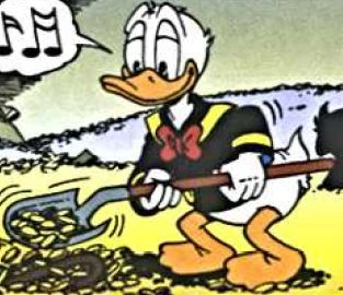 Donald recouvrant de pièces la canne.