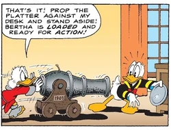 Picsou se précipitant pour tirer des boulets de canon à travers le plateau, que tenait Donald.