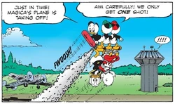 Riri, Fifi et Loulou et leurs oncles volant grâce à un extincteur au-dessus du tarmac de l'aéroport.