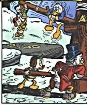 Les neveux et Donald actionnant le soufflet.