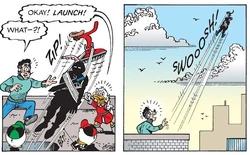 Les canards envoyant le vélo soucoupe avec l'armure dans l'espace, au grand dam d'Arpène.