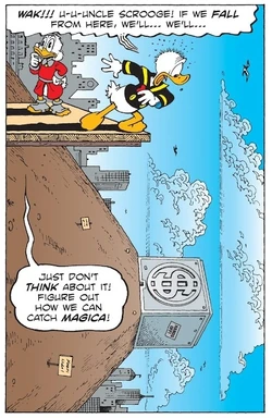 Donald et Picsou sur un panneau, à l'horizontale, réalisant le vide qu'il y avait en-dessous d'eux.