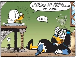 Picsou découvrant Miss Tick en face de lui, après avoir passé sa tête de l'autre côté du portail magique.