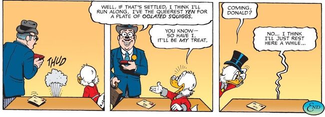 Picsou et l'agent de la salle des ventes partant au restaurant, tandis que Donald - venant de s'évanouir - préfère rester au coffre.