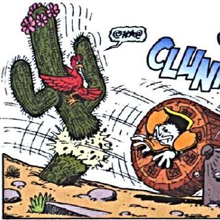 Un oiseau s'agripant à un cactus pour éviter Donald.
