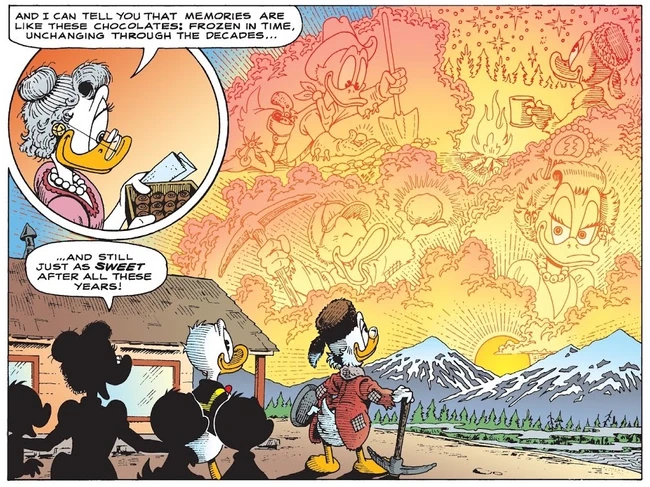 Picsou repensant à ses nombreux souvenirs, devant Goldie et ses neveux l'admirant.
