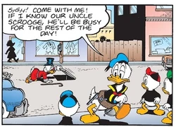 Donald emmenant ses neveux à l'intérieur de la tour, pendant que Picsou cherche la pièce qu'il avait perdue.