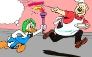 Donald Duck, la flamme ou torche olympique à la main.