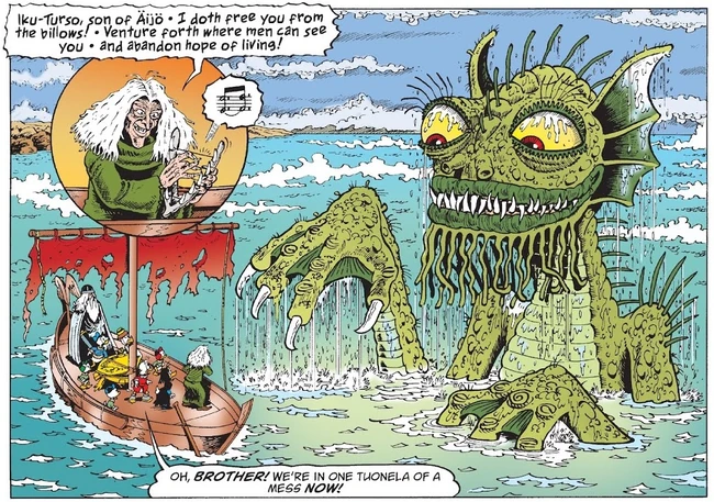 La sorcière Louhi invoquant le terrible monstre Iku-Turso, surgissant des eaux.