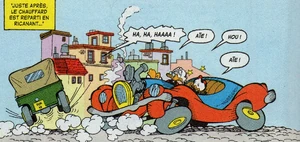 Picsou et Riri, Fifi et Loulou dans l'accident de voiture qu'ils ont vécu.