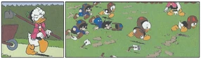  en femme (image de gauche) et le potager de Donald détruit par les enfants (image de droite).