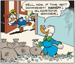 Picsou voyant Gontran entrer dans son bureau, poussé par Donald, et se décidant à lui donner un sac d'argent.