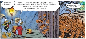 Picsou et Donald devant affronter un des pièges, des tigres.