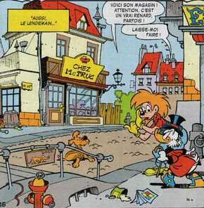 Picsou et Jim arrivent devant le magasin McTruc