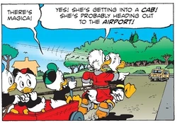 Donald et Picsou, accrochés au chariot dirigé par Riri, Fifi et Loulou, et voyant Miss Tick prendre un taxi pour l'aéroport.