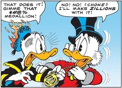 Donald, ayant failli être écrasé par le spoutnik brutopien, ordonnant à Picsou d'ôter le médaillon.