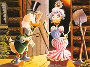 Goldie O'Gilt dans la peinture à l'huile de Carl Barks Business Long Overdue, inspirée de l'histoire Retour au Klondike du même auteur.