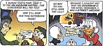 Les protagonistes sont dans la même position : le jeune Picsou/Picsou, le chien/Donald et Elias Lönnrot/un neveu.