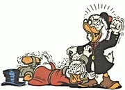 Balthazar Picsou aux pieds de son adversaire devenu homme  le plus riche du monde, Gripsou.