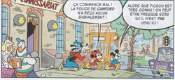Mickey, Dingo et Minnie sortent du commissariat.