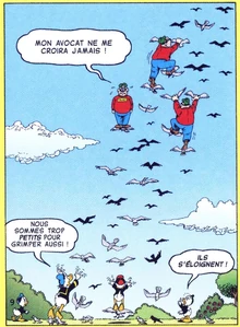 Les Rapetou escaladant des pigeons immobilisés devant Donald et ses neveux, impuissants.