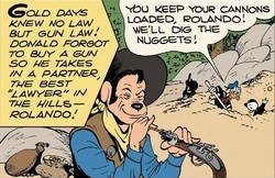 Donald et ses neveux amassant de l'or sous le regard protecteur de Rolando le vaquero.