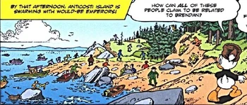 Scènes de recherche, parmi lesquelles la chute de quelqu'un, quelqu'un sur un arbre et un homme retenu scrutant le fond marin retenu par un autre.