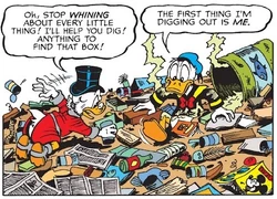 Donald et Picsou cherchant le fameux carton dans le tas de déchets.