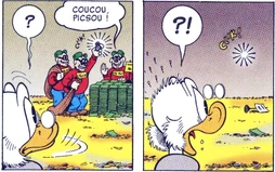Picsou voyant lui aussi les Rapetou voler un sac de billets.