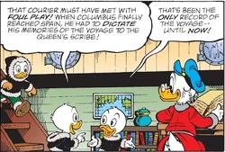Picsou lisant le journal de bord de Christophe Colomb.