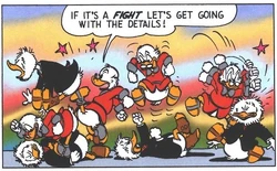 Picsou et Gripsou se battant après que le deuxième ait voulu proposer un défi à son adversaire : comparer à nouveau leur fortune.