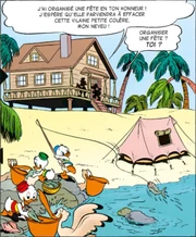 La jolie villa de Picsou à deux pas de la mer avec la tente de Donald, Riri, Fifi et Loulou qui a pris l'eau.