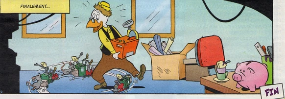 Dernière case de l'histoire où nous découvrons Filament et la souris qui jouent ensemble ainsi que Géo a maintenant une tirelire en forme de cochon.